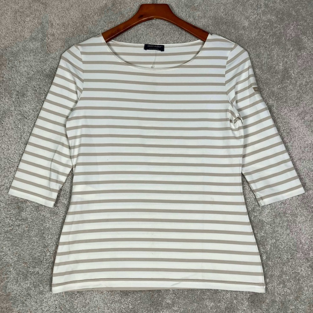 Saint James Saba Top Womens 8 Tan White Striped 3/4 Sleeve Boat Neck France